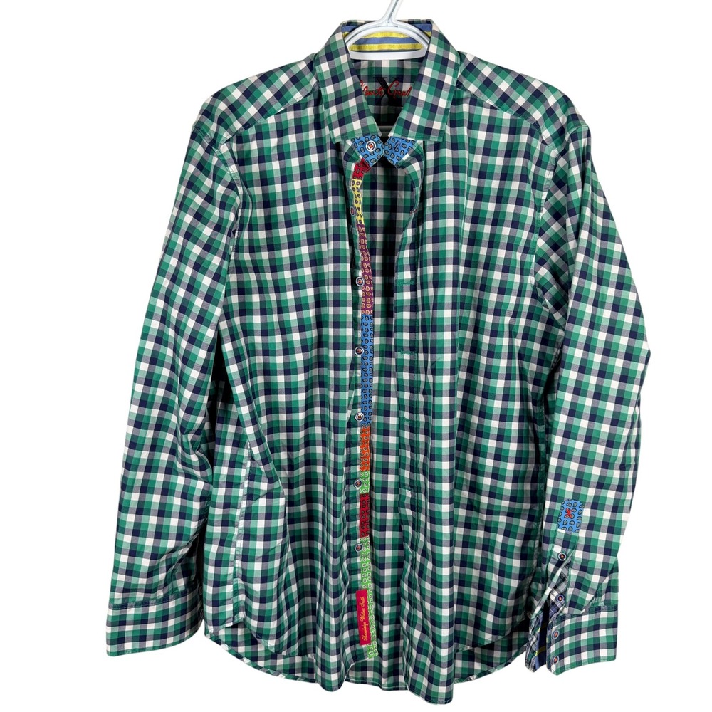 Robert Graham Button Down Shirt Mens L‎ Green Gingham Contrast Paisley Cuffs